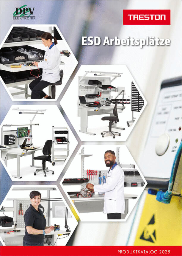 Bild zeigt mehrere Menschen in Arbeitskleidung an ESD-Arbeitsplätzen. Sie halten Werkzeuge oder Geräte. Im Hintergrund erkennt man Regale mit Werkzeug. Oben steht "ESD Arbeitsplätze".