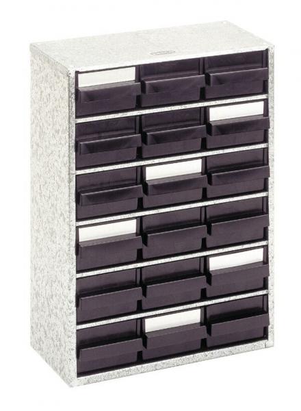 Das Bild zeigt einen Aufbewahrungsschrank mit 20 kleinen Schubladen. Der Schrank hat eine helle, gemusterte Oberfläche und die Schubladen sind dunkler, vermutlich schwarz oder dunkelgrau.