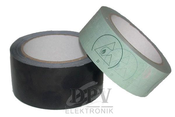 The image shows two rolls of tape. One roll is black, the other light green. Both have an empty inner core and are lying next to each other.