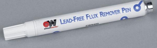 In the image, there is a white pen labeled as "Lead-Free Flux Remover Pen." It features a wide cap, a metallic closure, and lettering in blue font.