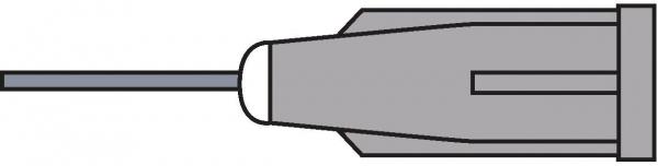 The image shows a gray syringe with a long, thin needle. The syringe has a wide front end and a narrow, straight needle attachment. It is depicted in a simplified manner.