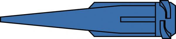 The image shows a long, narrow cone in blue. The tip is sharply pointed, while the base is wider and flat. On the right, a small notch can be seen.
