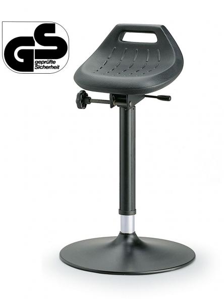 The image shows a black stool with an ergonomic seat, a round base, and adjustable height. On the left side, a safety symbol is visible.