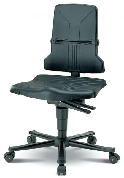 The chair has a black, ergonomic seat and a high backrest. It stands on a five-ray base with casters, making it mobile.