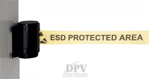 The image shows a black frame holding a yellow tape. The tape is labeled "ESD PROTECTED AREA" and warns against electrostatic discharge.