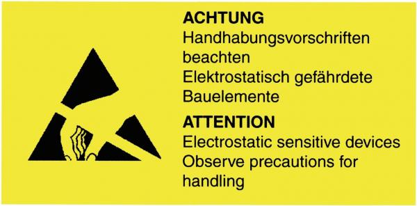 On a bright yellow background, there is a warning symbol depicting a lightning bolt. Below it are notes in German and English about electrostatically sensitive components.