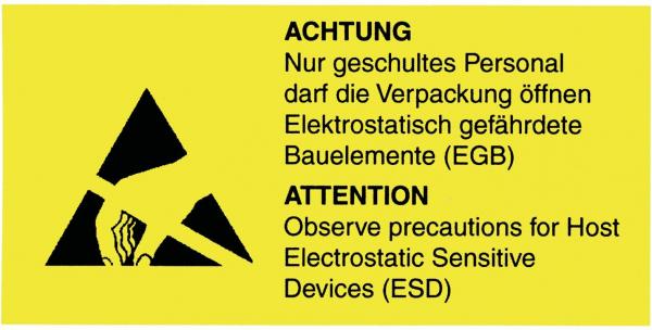The image has a yellow background with a warning symbol showing a triangle. Below it, there are instructions in German and English on precautions for handling electrostatically sensitive devices.