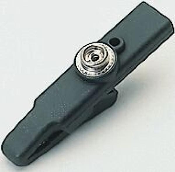 The image shows a black plastic clothespin. It is elongated and has a round metal spring at one end. The clip is intended for holding laundry.