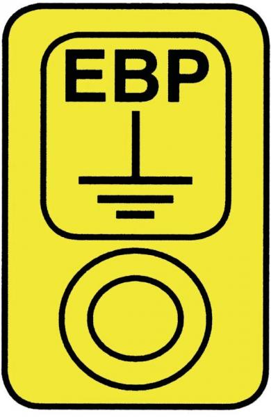 The image displays a yellow sign with black symbols. At the top, it reads "EBP" in large letters, followed by a vertical line with a horizontal line and a circle underneath.