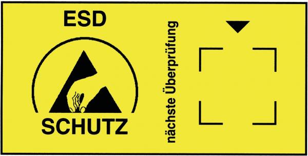 The image shows a yellow warning sign with the text "ESD PROTECTION". It includes a symbol with a hand and a triangular sign, as well as the inscription "next inspection" and a checkbox.
