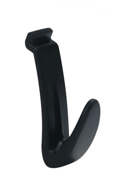 The image shows a simple, black plastic coat hook. It has a flat upper mount and a downward curved, wide hanger.
