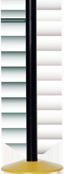 Das Bild zeigt einen einfachen, senkrechten Stab mit einer schwarzen Oberfläche, der auf einer runden, gelben Basis steht. Die Form ist minimalistisch und funktional.