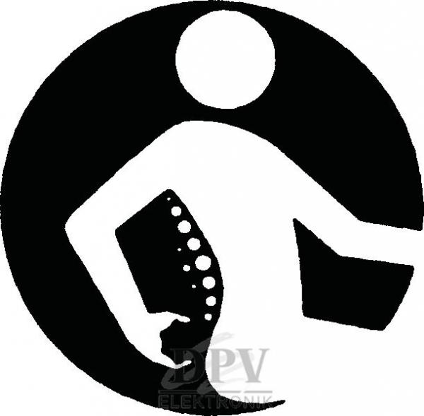 Das Bild zeigt ein stilisiertes Symbol einer Person, die eine Tasche oder einen Gegenstand in der Hand hält, umgeben von einem kreisförmigen Rand. Der Entwurf ist schwarz-weiß.