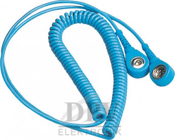 The image shows a spiral-shaped, blue cable with two round, metallic connectors at the ends. The cable is tightly coiled and flexible.