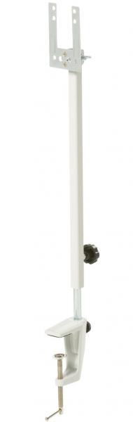 The image shows a white bracket with a long, vertical arm that has two holes at the top for wall mounting. At the bottom, there is a swivel mechanism that secures the bracket.