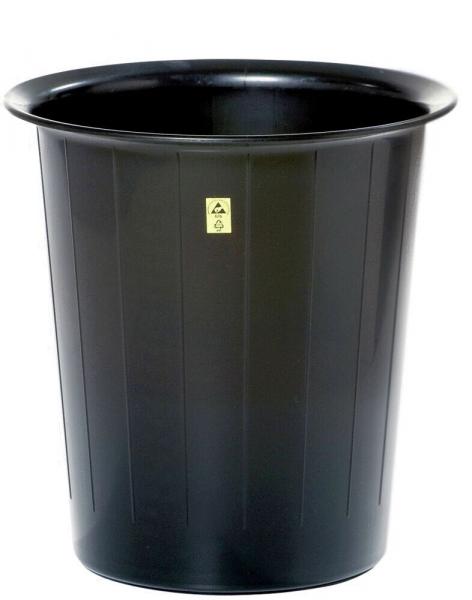 It is a black trash can with a smooth, slightly curved shape. The top edge is round and the can has a flat base. There is a yellow symbol on the front.