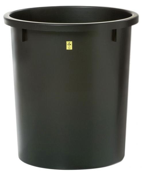 The image shows a round, black plastic trash can. It has a wide opening at the top and a smooth, vertical shape with a warning sticker.