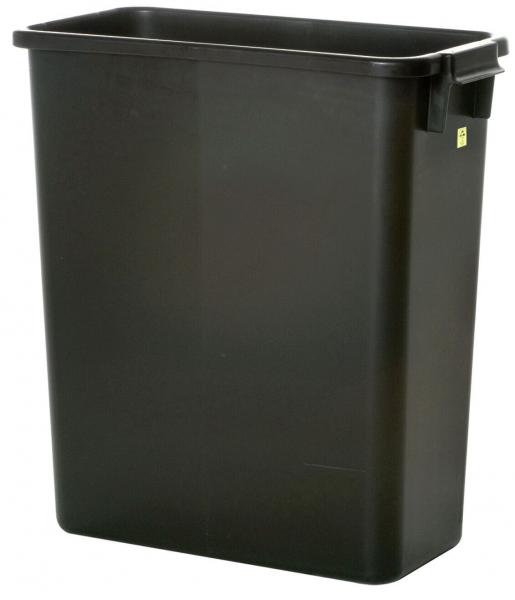 The image shows a tall, rectangular trash can made of black plastic. It features sturdy, slightly molded handles on the sides and a smooth surface. Ideal for indoor use.