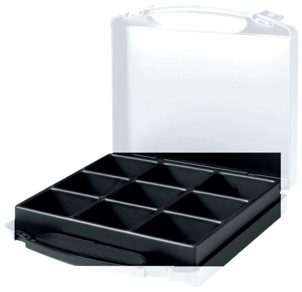 The image shows a transparent box with a black inner container divided into nine compartments. The lid is slightly open, and the box has a handle.