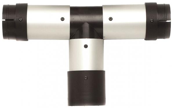The image displays a T-shaped object in silver and black, with three round, solid sections. It has screws visible on the surface. The structure appears sturdy.