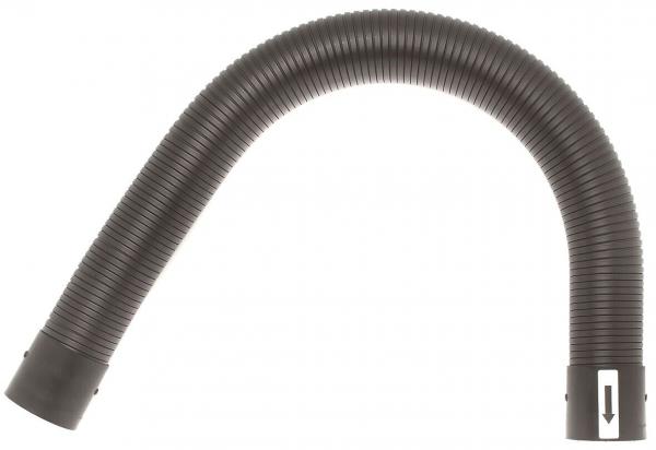 The image shows a flexible, black hose with a corrugated surface. It is bent and has a connector at one end with an arrow marking indicating the direction.