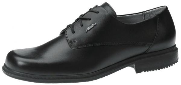 Der Schuh ist ein eleganter, schwarzer Halbschuh aus glänzendem Leder. Er hat eine runde Zehenpartie, Schnürsenkel und eine profilierte Gummisohle für besseren Halt. Ideal für formelle Anlässe.