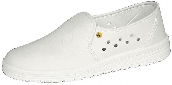 The shoe is slip-on, completely white, and made of lightweight material. It has a thin, non-slip sole and small holes on the sides for ventilation. It appears sporty and comfortable.