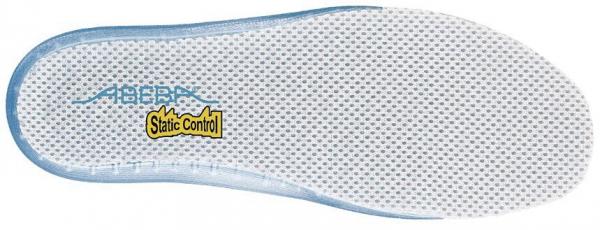 The image shows the underside of a shoe sole. It is predominantly white with small holes for ventilation. At one spot, there is a yellow logo with the inscription "Static Control".