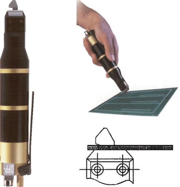 The image shows a black and gold tool that looks like a pen and is being held by a hand. It is used to create patterns on a green material. Below it is a technical drawing.