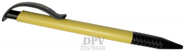The image shows a yellow ballpoint pen with a black clip and a rubberized, non-slip grip area. The tip is pointed, and the pen is designed to be slim.