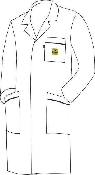 The image shows a white lab coat with long sleeves. It has two large patch pockets and a chest pocket. There is a yellow label on the chest pocket.