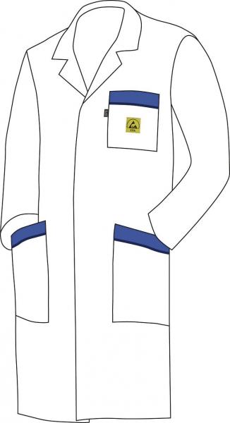 The image shows a white lab coat with long sleeves. It has two large pockets and a blue trim on the pockets and the collar. The coat has a classic, comfortable shape.