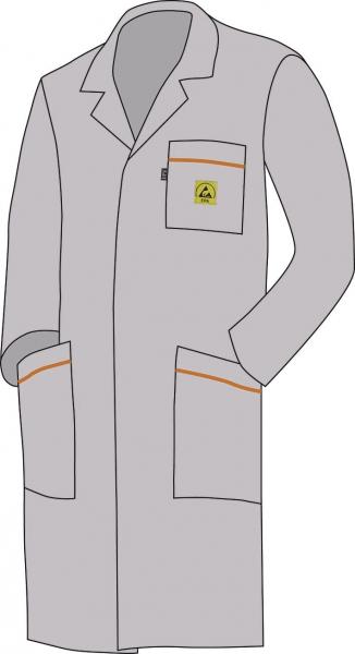 The image shows a light gray lab coat. It features a lapel collar, long sleeves, and two patch pockets. One pocket is marked with a yellow symbol.