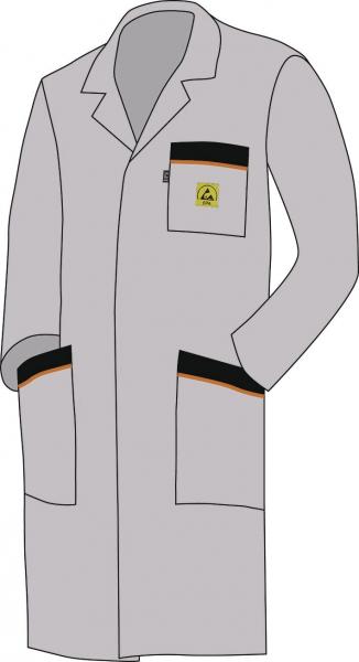 The image shows a gray lab coat. It has long sleeves and an open front. There is a small pocket on the chest with an orange border and two large pockets at the bottom.