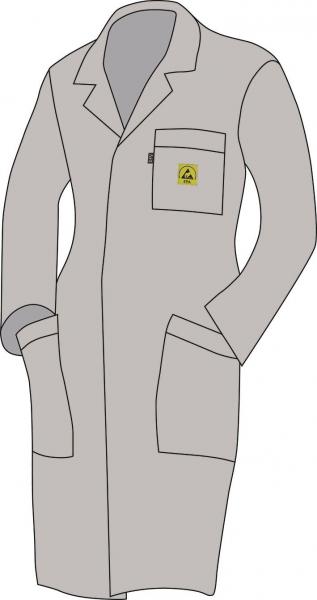 The image shows a gray lab coat. It features a lapel collar, two patch pockets, and a small emblem on the left breast pocket. The coat appears functional and simple.