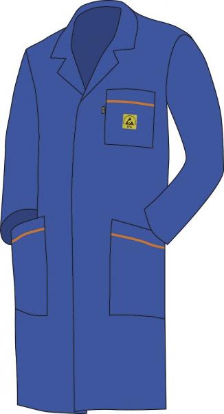 The image shows a blue lab coat with long sleeves. It has a chest pocket with a yellow emblem and orange stitching. The coat appears comfortable and functional.