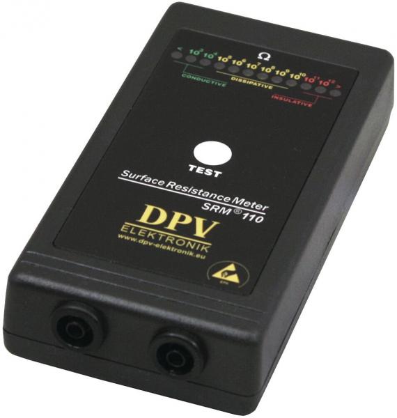 The image displays a black surface resistance meter with a large white button in the center and two sockets at the bottom. Colored scales for resistance values are shown at the top.