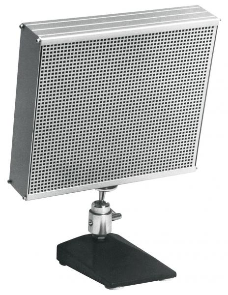 The image displays a speaker with a square metal grille front. It is mounted on a sturdy black base and features an adjustable holder that allows it to be positioned in various angles.