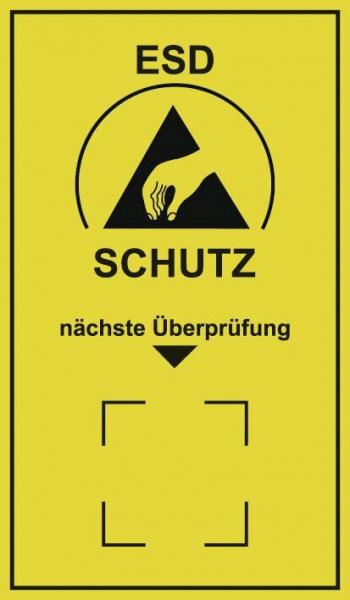 The image shows a yellow warning sign with a black symbol: a hand sign and a triangle. Below it reads "ESD PROTECTION" and "next inspection" in black letters.