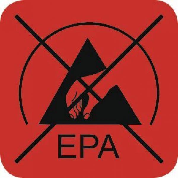 The image shows a red square with a black symbol. In the center are two mountains and a hand holding a flame, crossed by an X. Below it reads "EPA".