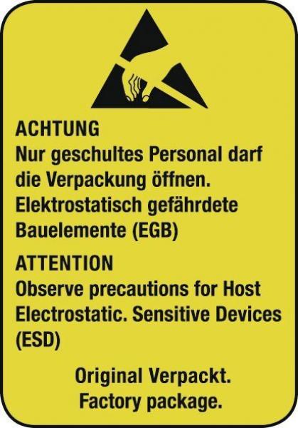 The picture shows a yellow warning sign. At the top is a black symbol with a hand and a triangle. Below are instructions for safe handling of electrostatically sensitive components in German and English.