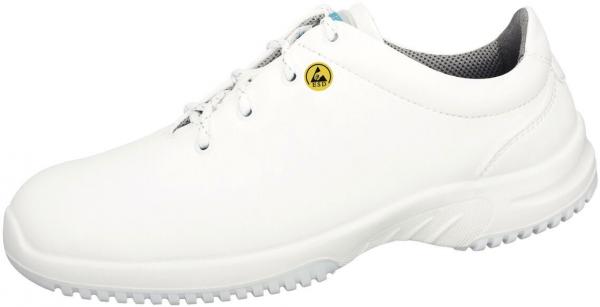 The shoe is a white, sporty sneaker with a smooth surface. It has a non-slip rubber sole and laces. The inside is gray with a breathable material.