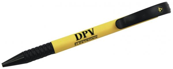 The pen is yellow with a black clip and a non-slip surface. It has "DPV" written on it in black letters. It has a classic shape for a ballpoint pen.
