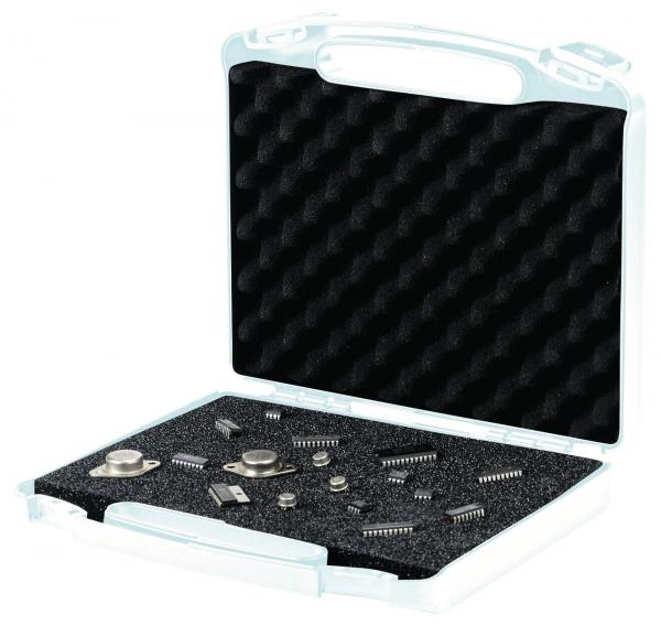 The image shows an open white box with black foam. Inside, various electronic components such as chips and other small metal parts are organized and visible.