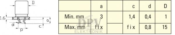 The image shows a technical drawing of a component with dimensions in a table. On the left is a schematic representation, on the right are dimensions listed in millimeters.