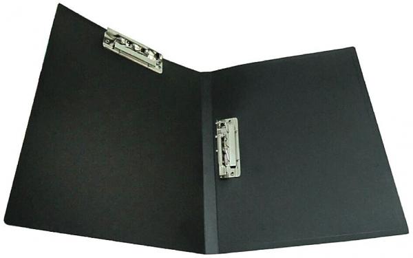 The image shows a black transparent folder that is open. It has two metallic clips at the top edge to secure documents. The surface is smooth and uniform.