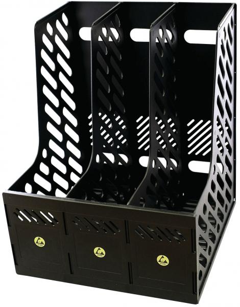 The image shows a black, metal pen holder with three main compartments. The sides are designed with diamond-shaped openings that provide ventilation. There are small drawers at the bottom.