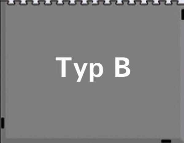Das Bild zeigt einen grauen Hintergrund mit der Aufschrift "Typ B" in großer, weißer Schrift. Die obere Kante ist spiralförmig genietet.