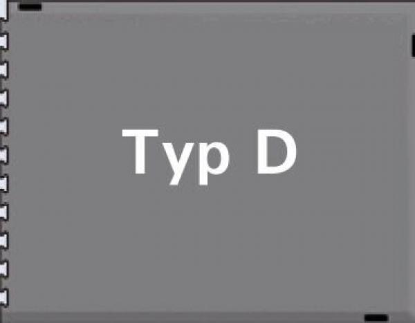 Das Bild zeigt eine graue Fläche mit der weißen Aufschrift "Typ D" in der Mitte. Es hat Ecken, die leicht abgerundet sind, und einen einfachen, klaren Hintergrund.