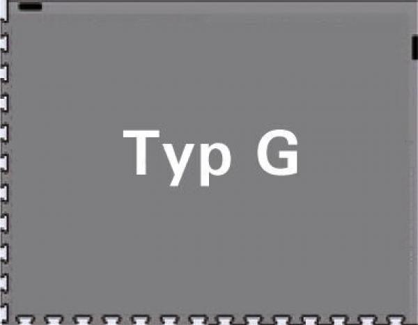 Das Bild zeigt eine graue Fläche mit der Aufschrift "Typ G" in großen, weißen Buchstaben. Der Rand ist mit einer gezackten Linie versehen. Es hat eine schlichte, neutrale Gestaltung.
